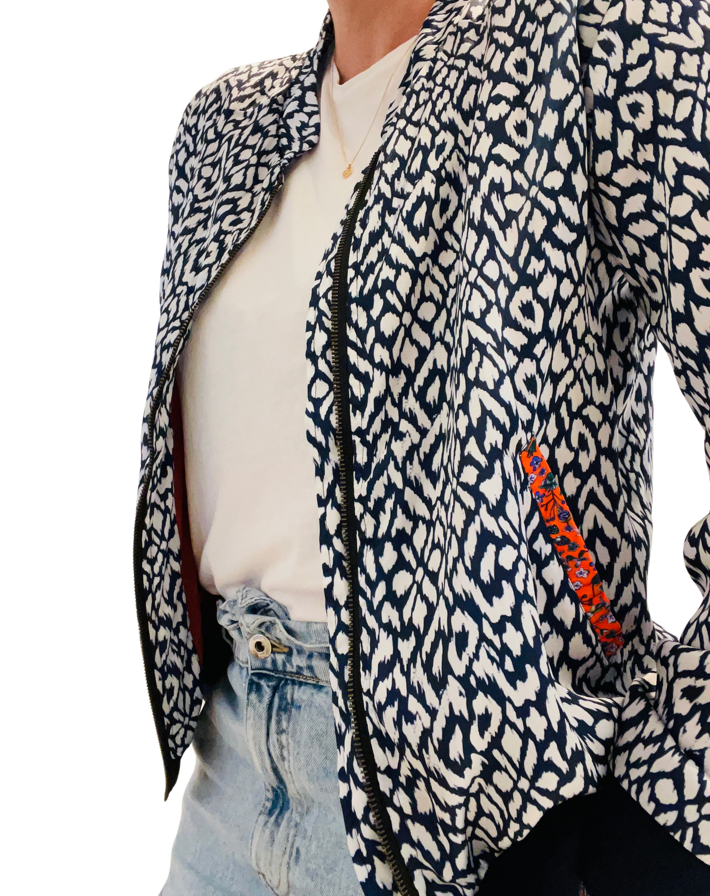 Navy and white women's lightweight bomber jacket